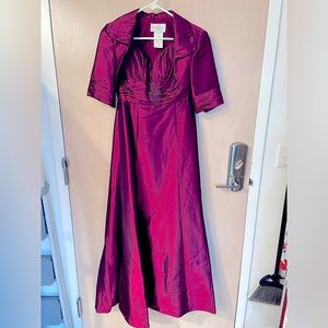 Iridescent wine color satin gown with bolero jacket, empire like waist line